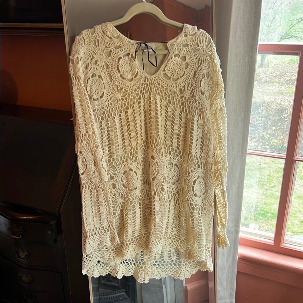 Vintage Plus Size Cream Crochet Long Sleeve Top